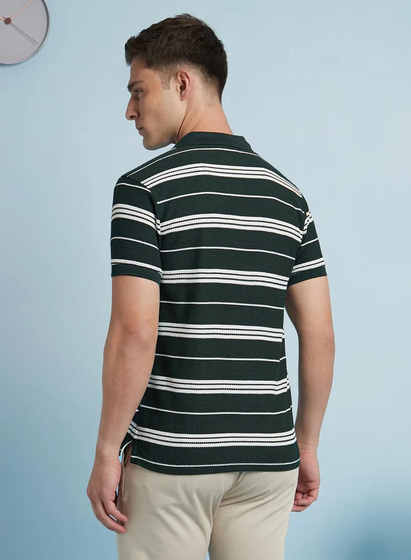 Dennis Lingo Men's Forest And Off White Cotton Blend Striped Regular Fit T-Shirt