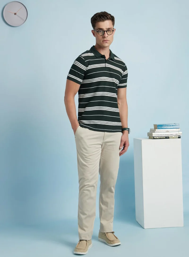 Dennis Lingo Men's Forest And Off White Cotton Blend Striped Regular Fit T-Shirt