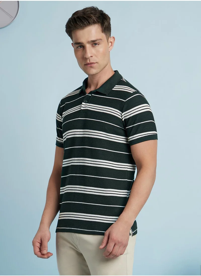 Dennis Lingo Men's Forest And Off White Cotton Blend Striped Regular Fit T-Shirt