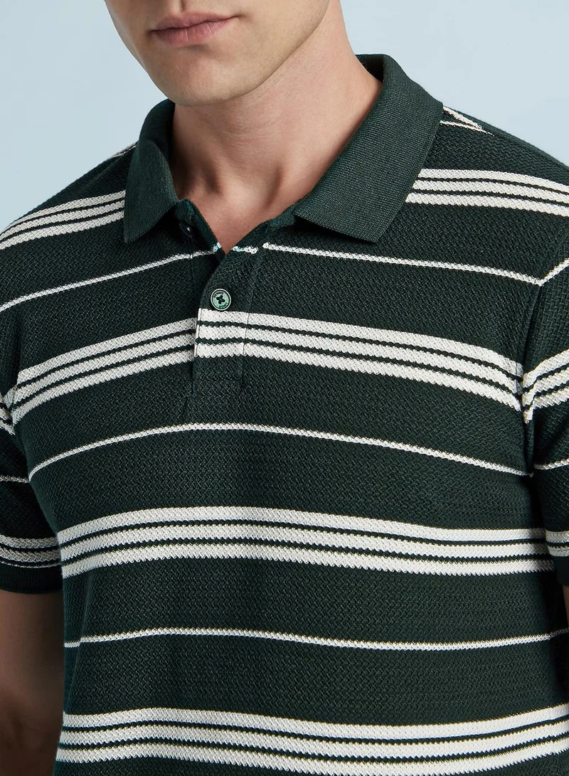 Dennis Lingo Men's Forest And Off White Cotton Blend Striped Regular Fit T-Shirt