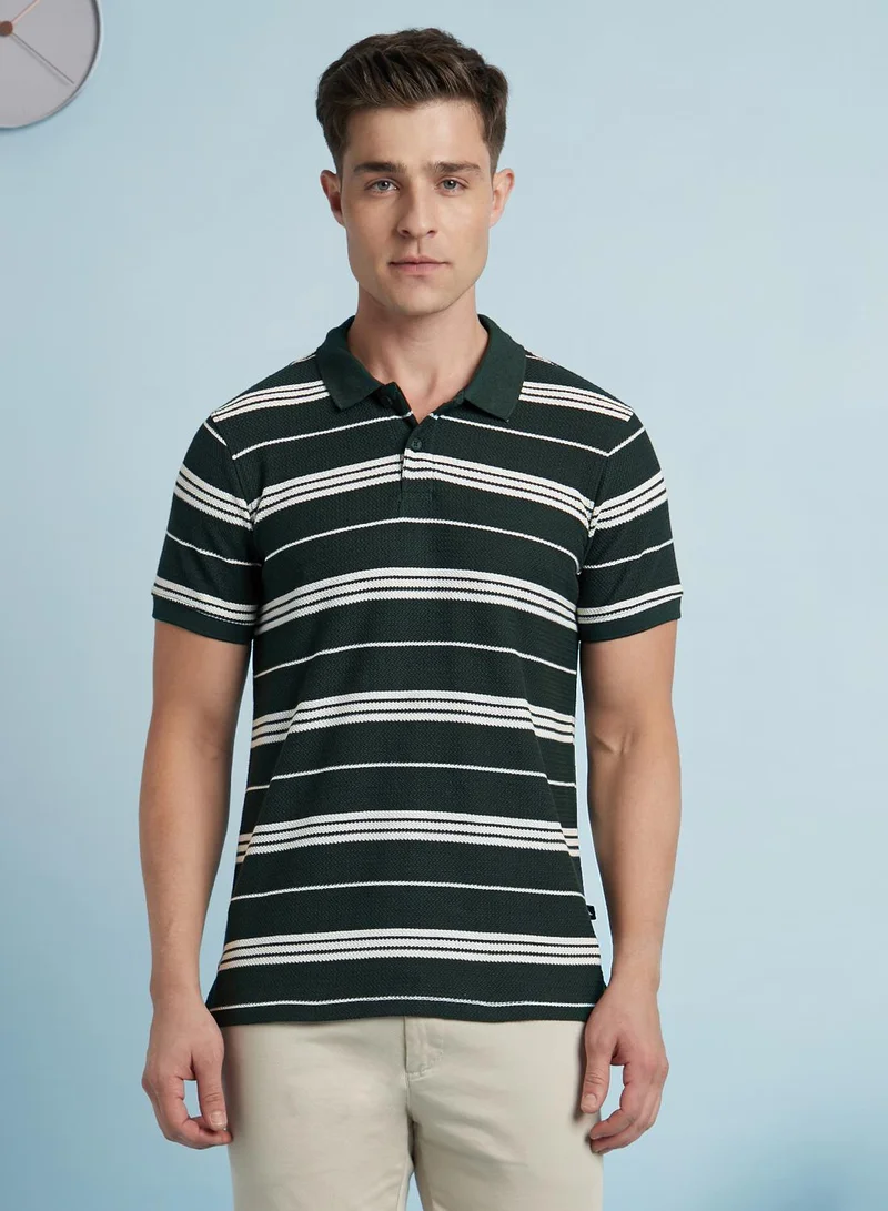 Dennis Lingo Men's Forest And Off White Cotton Blend Striped Regular Fit T-Shirt