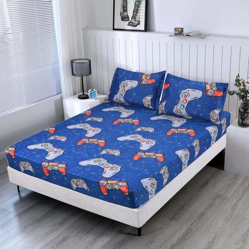SDIII SDIII 3PCS Blue Gamer Twin Fitted Sheet Set Bed in a Bag Gaming Bedding Fitted Sheet Twin Soft Microfiber Cute Bed Sheets for Kids Boys and Girls 1 Fitted Sheet and 2 Pillowcases 