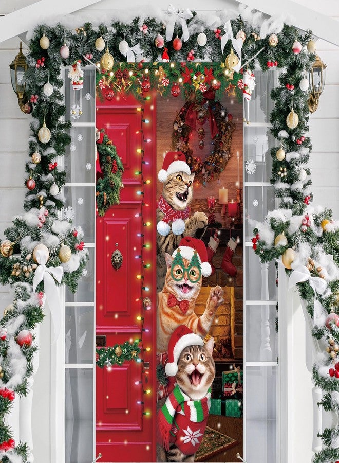 زانماي غطاء باب عيد الميلاد على شكل قطة من Zhanmai، مصنوع من قماش المزرعة، أغطية أبواب مضحكة لعيد الميلاد المجيد، ديكورات حفلات الكريسماس، لافتة معلقة، خلفية لباب أمامي أحمر، عطلة رأس السنة الجديدة، 71 × 35 بوصة - Image 1