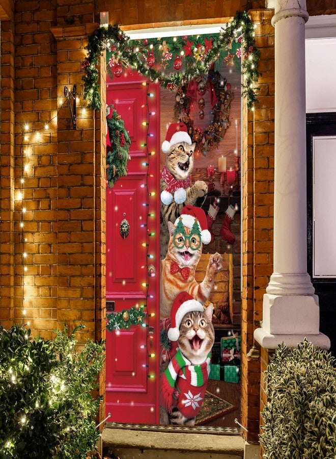 زانماي غطاء باب عيد الميلاد على شكل قطة من Zhanmai، مصنوع من قماش المزرعة، أغطية أبواب مضحكة لعيد الميلاد المجيد، ديكورات حفلات الكريسماس، لافتة معلقة، خلفية لباب أمامي أحمر، عطلة رأس السنة الجديدة، 71 × 35 بوصة - Image 4