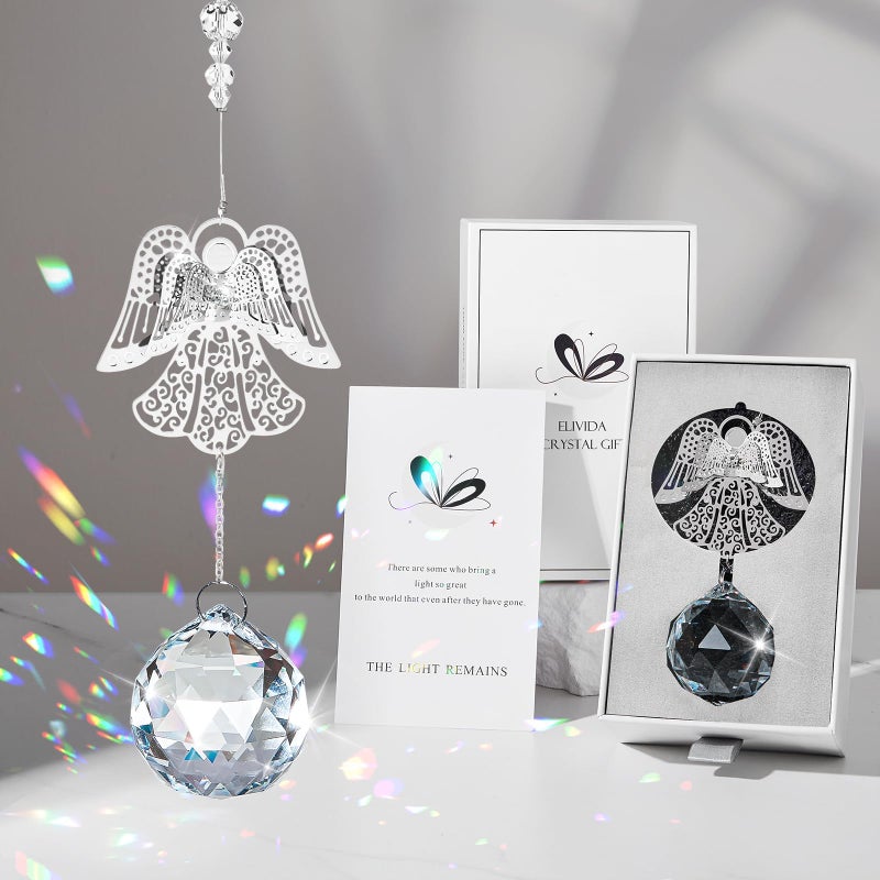 Elivida Memorial Modern Sympathy Gift for Loss of Mom - 3D Angel Design Grief Hanging Ornament With 40mm Clear Crystal Ball Rainbow Maker - Bereavement Idea for Women - Image 1