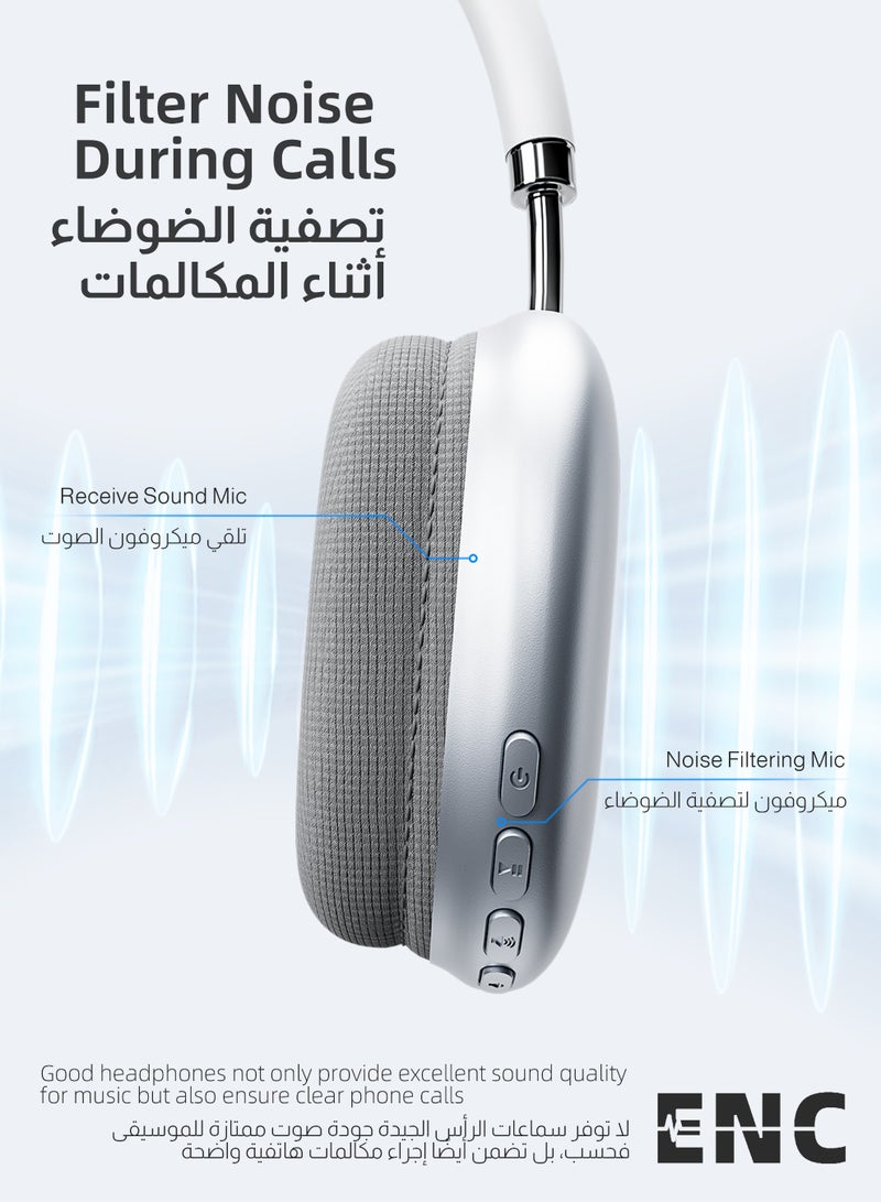 ULHYC Bluetooth 5.3 Wireless Headset Over-Ear Headphone,With 3.5mm Wired Connection,4 Mic,Call Noise Reduction,Adjustable headband, Hifi Bass,Wearing Detection Earphone With Protective Leather Case Silver - Image 4