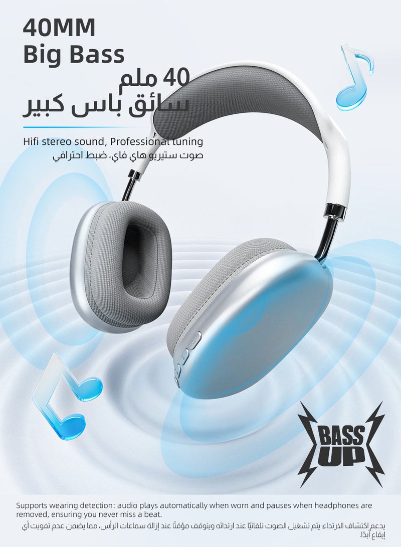 ULHYC Bluetooth 5.3 Wireless Headset Over-Ear Headphone,With 3.5mm Wired Connection,4 Mic,Call Noise Reduction,Adjustable headband, Hifi Bass,Wearing Detection Earphone With Protective Leather Case Silver - Image 3