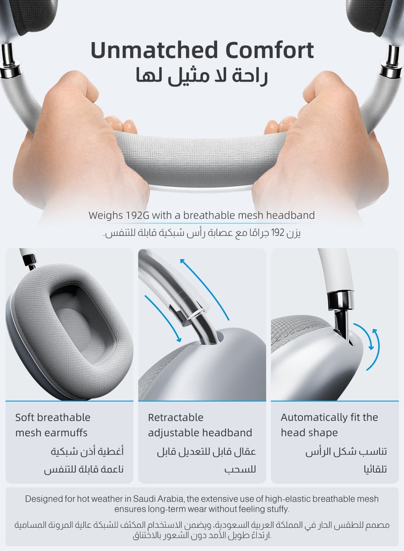 ULHYC Bluetooth 5.3 Wireless Headset Over-Ear Headphone,With 3.5mm Wired Connection,4 Mic,Call Noise Reduction,Adjustable headband, Hifi Bass,Wearing Detection Earphone With Protective Leather Case Silver - Image 2