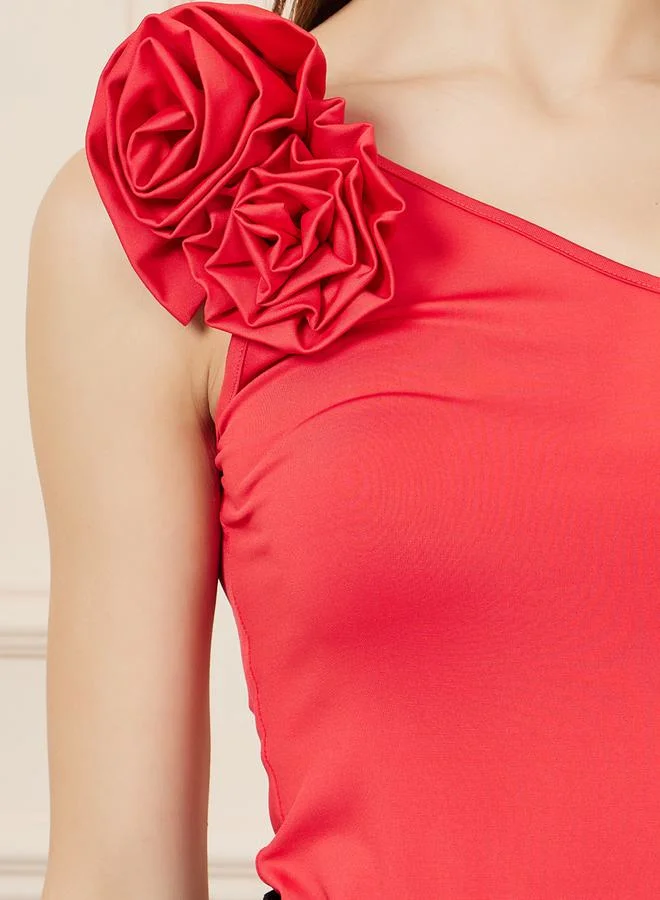 Styli Floral Applique One Shoulder Neck Fitted Bodysuit
