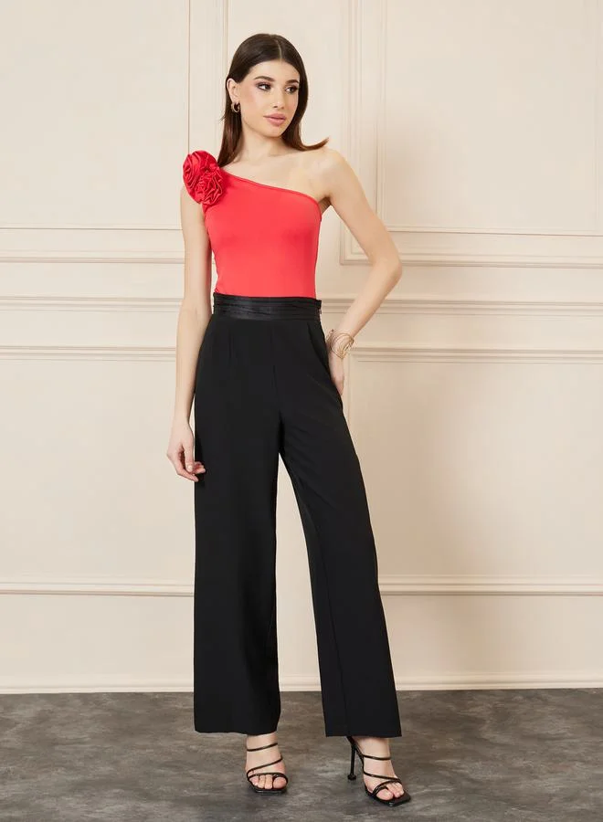 Styli Floral Applique One Shoulder Neck Fitted Bodysuit