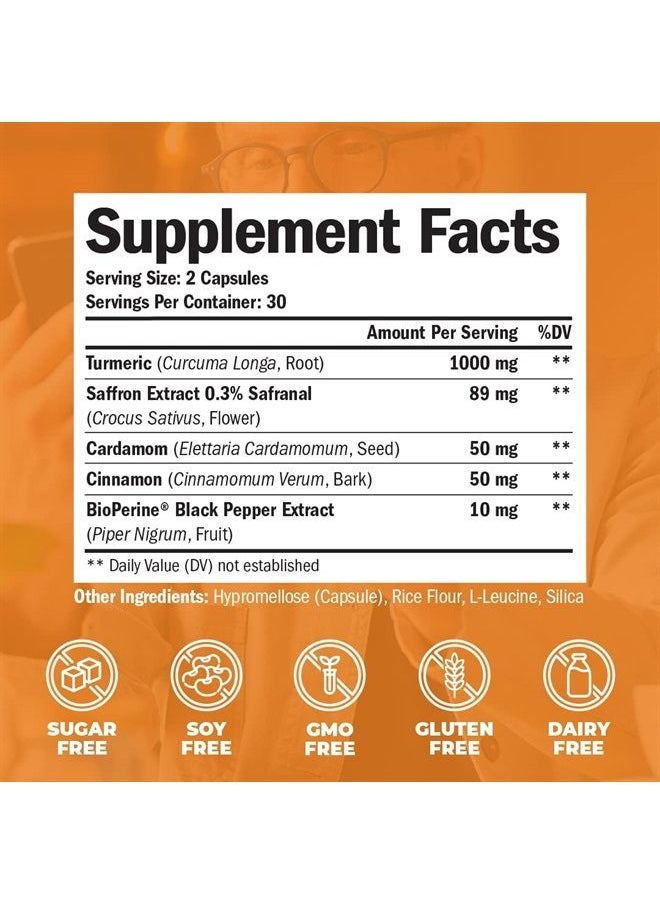 Vimerson Health - Turmeric Curcumin with Saffron Extract, Cinnamon, Cardamom & Black Pepper - Antioxidant Joint Support Supplement with Tumeric & Bioperine for Mood, Memory, Eye Health & Well-Being - 60 Capsules - Image 1