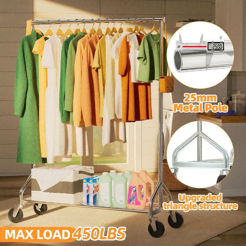 Ekisemio Heavy Duty Rolling Clothes Rack with Wheels and Shelves, 450 lbs Capacity, Portable Garment Rack for Hanging Clothes, Standing Wardrobe for Closet, Bedroom, Commercial Use, Chrome - Image 3