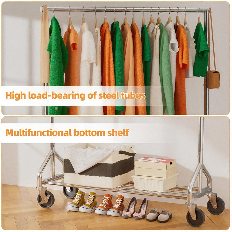 Ekisemio Heavy Duty Rolling Clothes Rack with Wheels and Shelves, 450 lbs Capacity, Portable Garment Rack for Hanging Clothes, Standing Wardrobe for Closet, Bedroom, Commercial Use, Chrome - Image 4