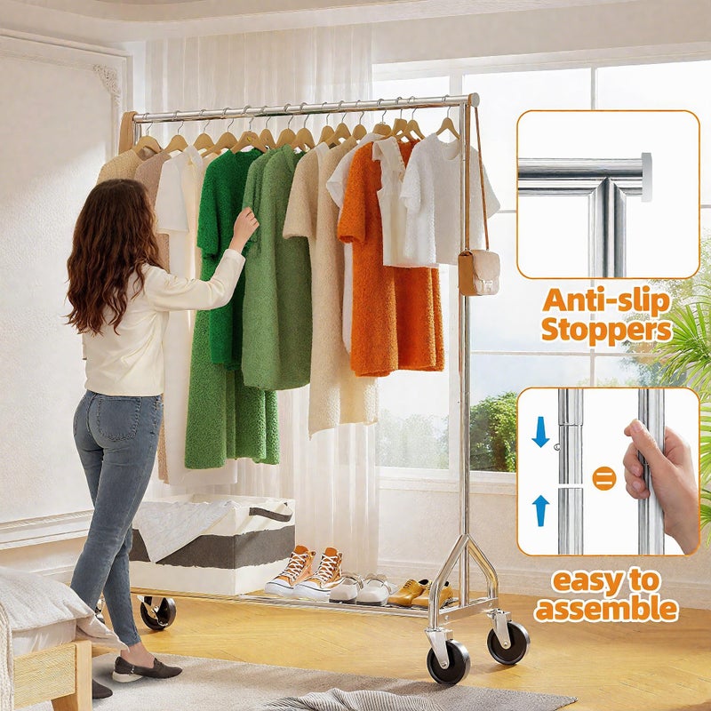 Ekisemio Heavy Duty Rolling Clothes Rack with Wheels and Shelves, 450 lbs Capacity, Portable Garment Rack for Hanging Clothes, Standing Wardrobe for Closet, Bedroom, Commercial Use, Chrome - Image 2