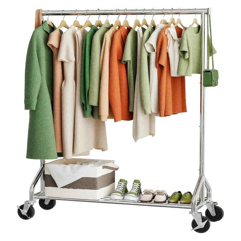 Ekisemio Heavy Duty Rolling Clothes Rack with Wheels and Shelves, 450 lbs Capacity, Portable Garment Rack for Hanging Clothes, Standing Wardrobe for Closet, Bedroom, Commercial Use, Chrome - Image 1