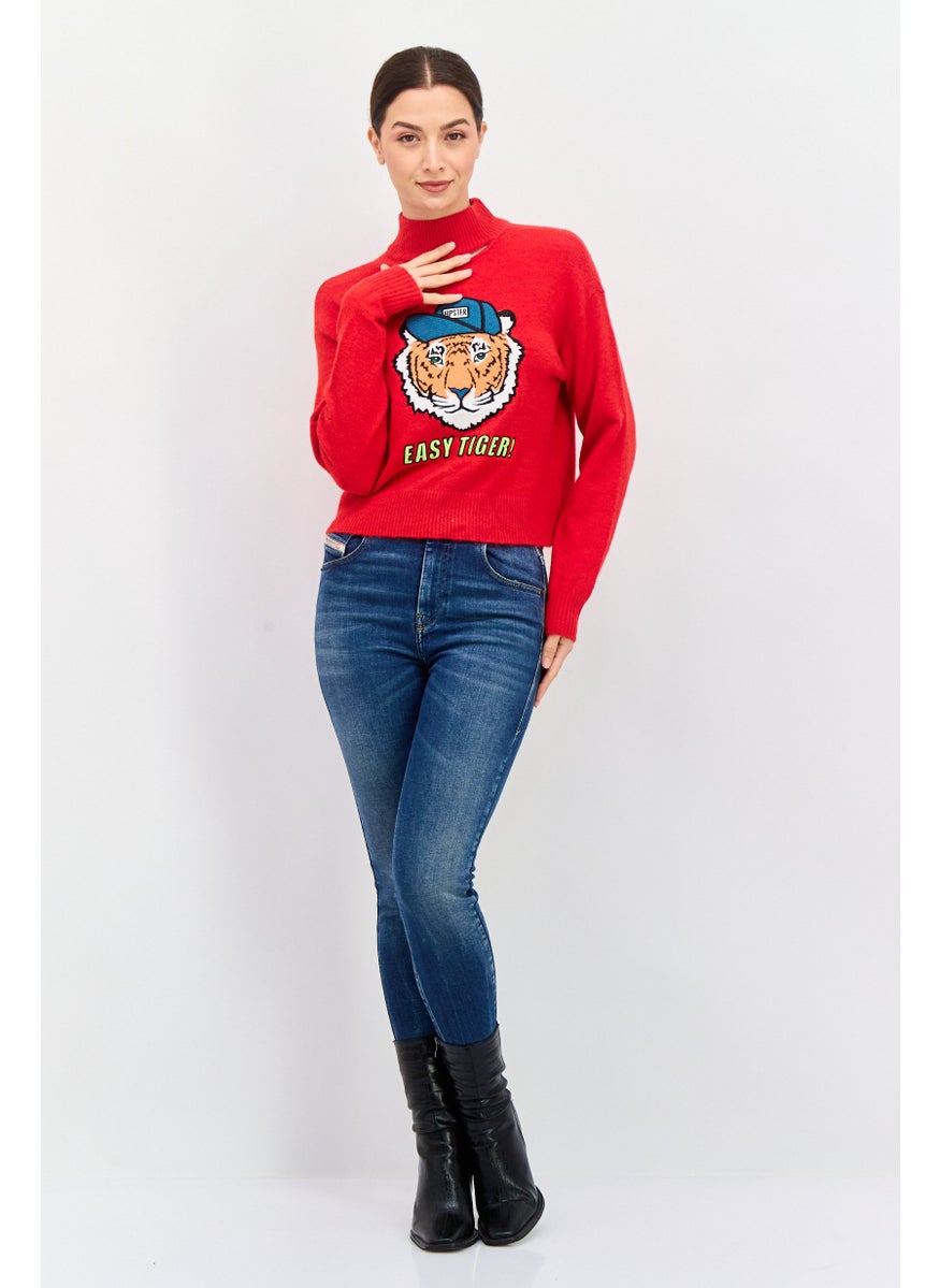 ONLY - Women Mock Neck Embroidered Sweater, Red - Image 1