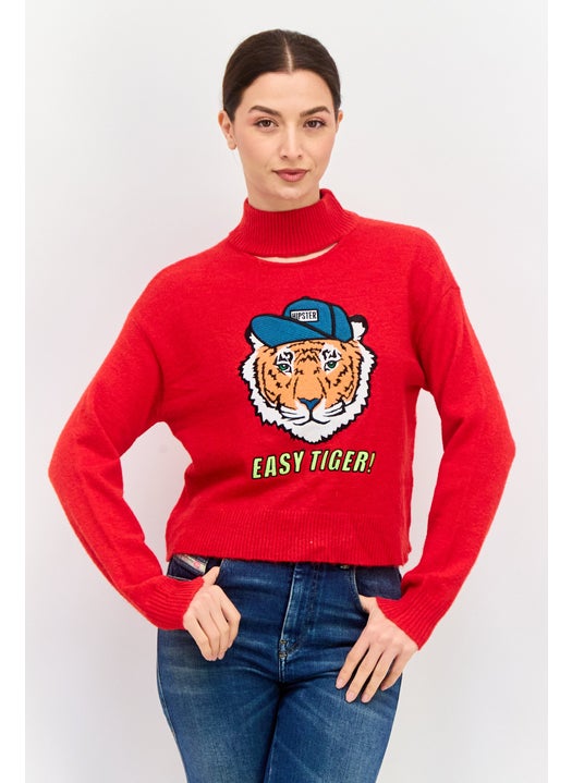 Women Mock Neck Embroidered Sweater, Red