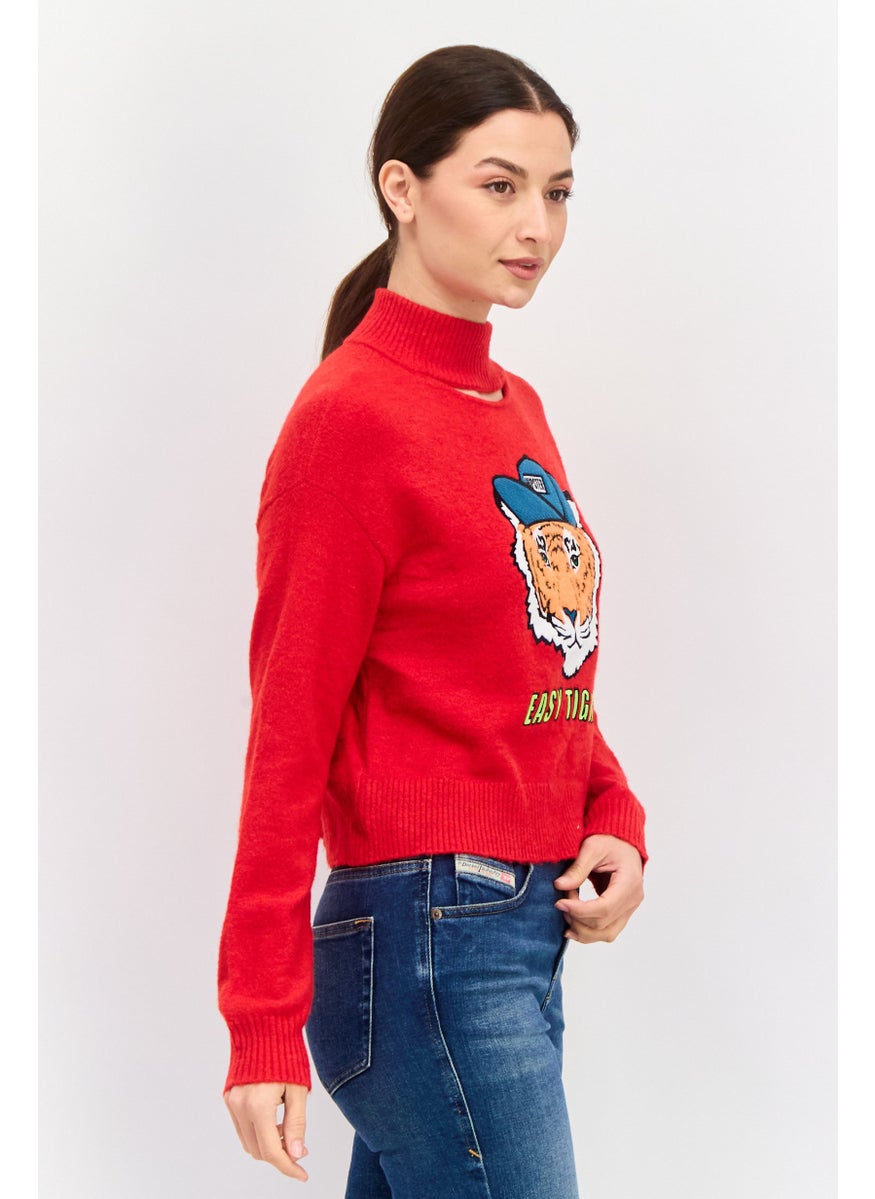 ONLY - Women Mock Neck Embroidered Sweater, Red - Image 1
