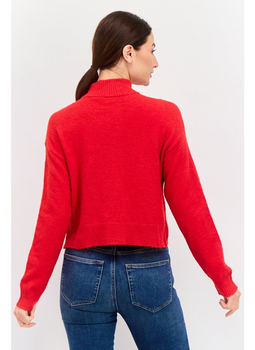 ONLY - Women Mock Neck Embroidered Sweater, Red - Image 1