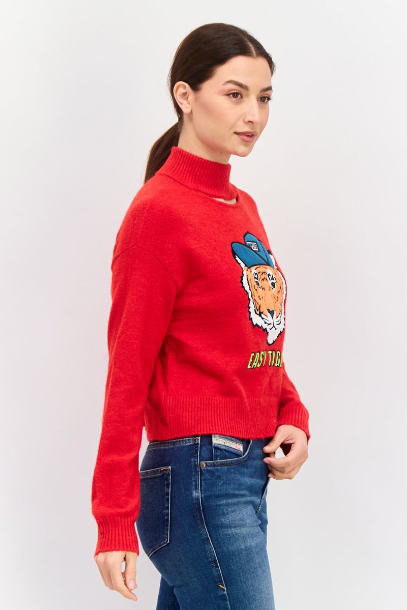 Women Mock Neck Embroidered Sweater, Red