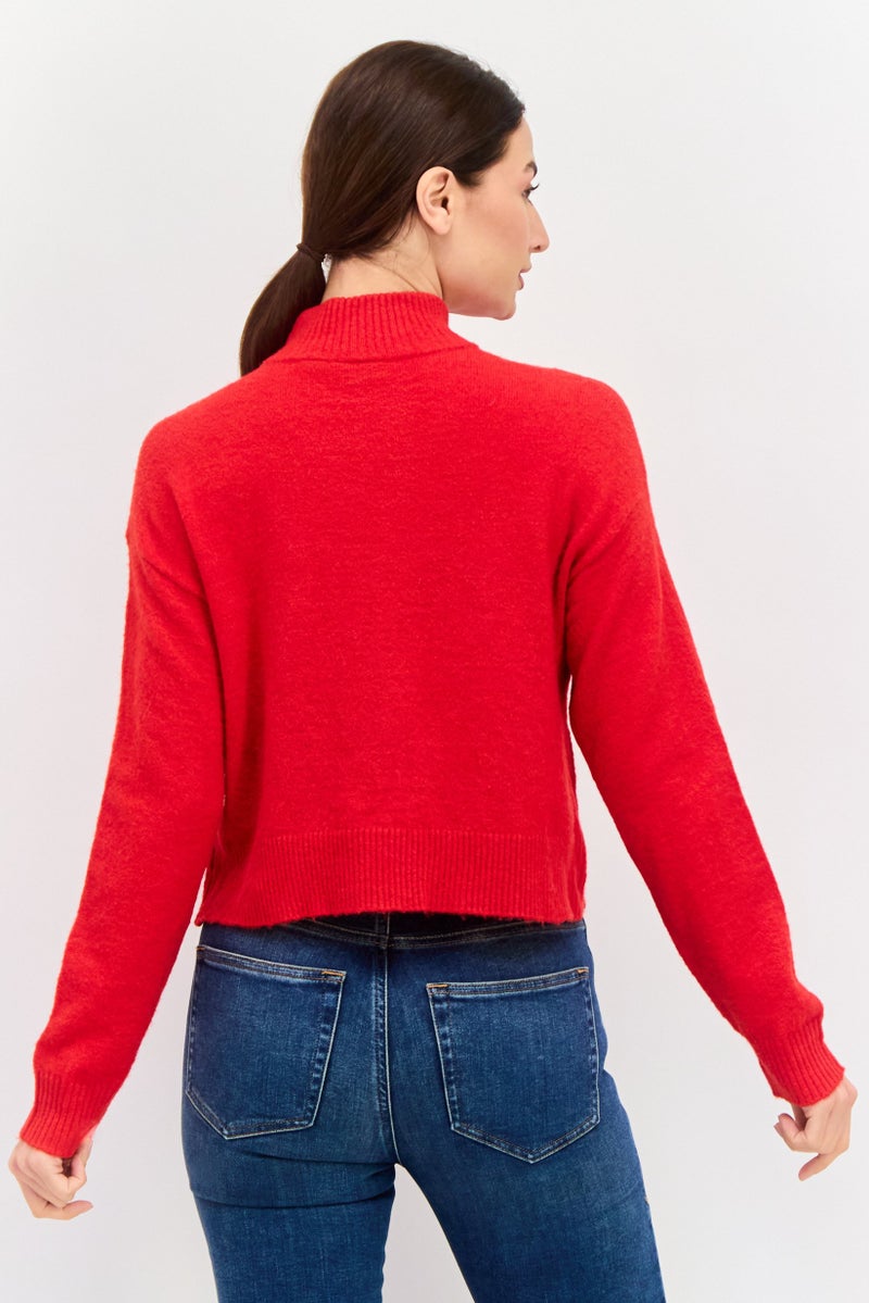 Women Mock Neck Embroidered Sweater, Red