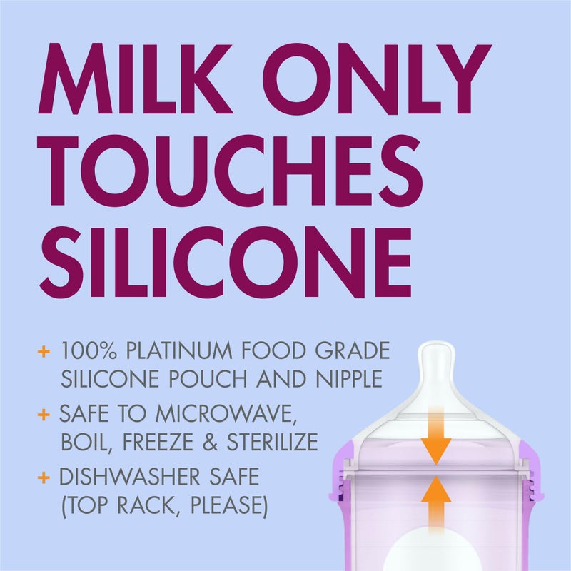 Boon Nursh Reusable Silicone Pouch Baby Bottles - Medium Flow Nipple - Silicone Baby Bottle Pouch and Nipple - Baby Feeding Essentials - Metallic - 3-6 Months - 3 Count - 8 Ounce - Image 4