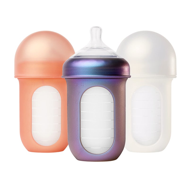 Boon Nursh Reusable Silicone Pouch Baby Bottles - Medium Flow Nipple - Silicone Baby Bottle Pouch and Nipple - Baby Feeding Essentials - Metallic - 3-6 Months - 3 Count - 8 Ounce - Image 1