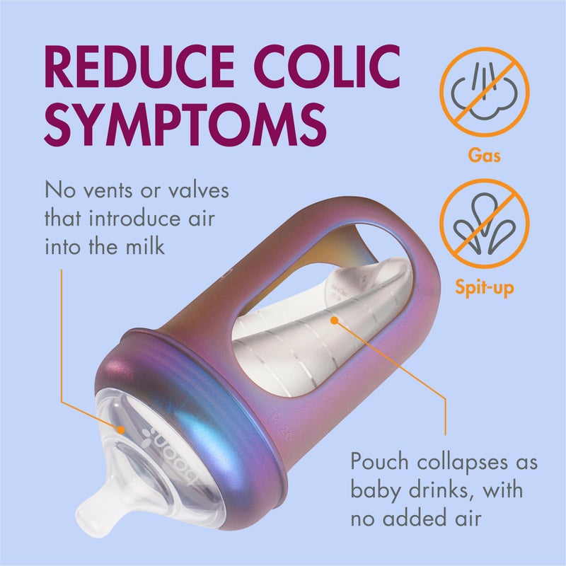 Boon Nursh Reusable Silicone Pouch Baby Bottles - Medium Flow Nipple - Silicone Baby Bottle Pouch and Nipple - Baby Feeding Essentials - Metallic - 3-6 Months - 3 Count - 8 Ounce - Image 2