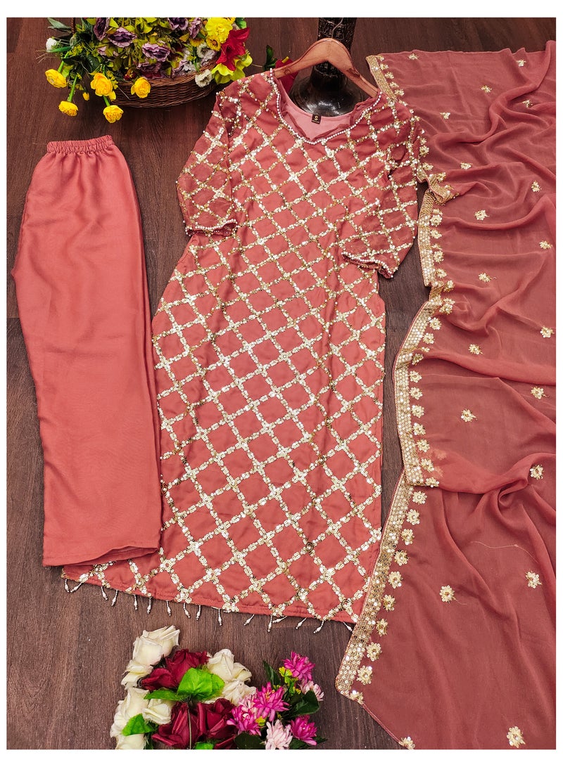 Super Asian Classic Heavy Fox Georgette Sequence Embroidered Top with Rivet Moti Work, Paired with Micro Fabric Pants & Dupatta – Complete Stylish Set - Image 1
