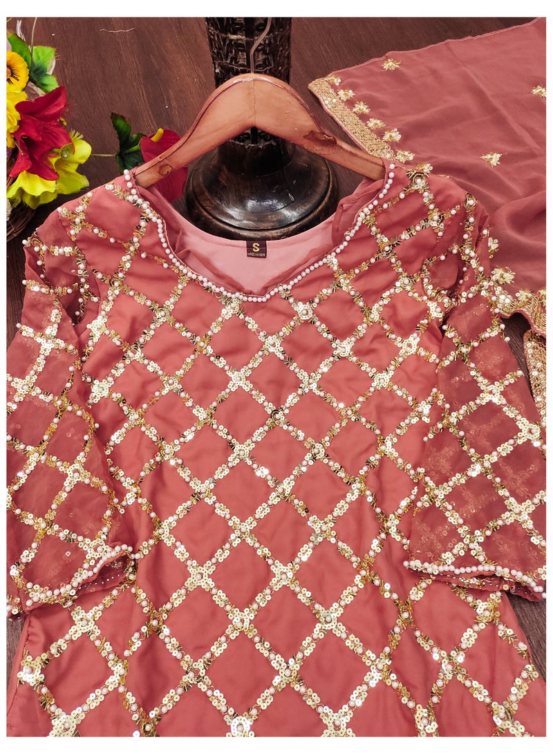 Super Asian Classic Heavy Fox Georgette Sequence Embroidered Top with Rivet Moti Work, Paired with Micro Fabric Pants & Dupatta – Complete Stylish Set - Image 2