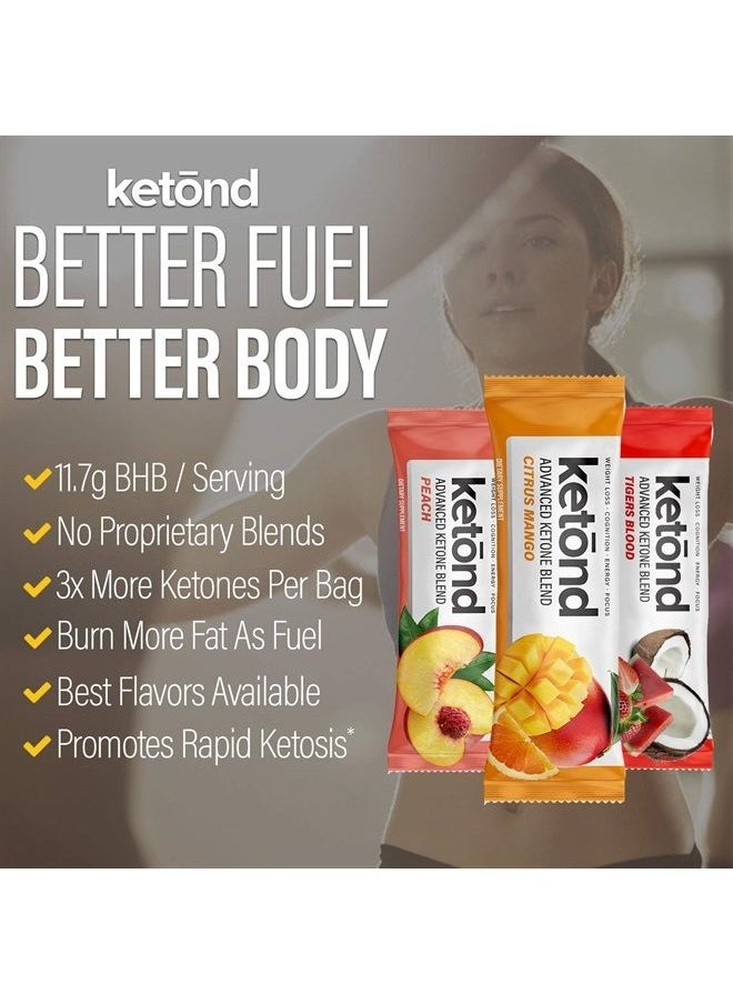 Ketond - Exogenous Ketones Advanced Blend by Ketond - Drink Ketones for Rapid Weight Loss - Best Fuel for Energy, Mental Performance and Weight Loss - Citrus Mango, Tigers Blood, Peach (15 Stick Packs) - Image 1