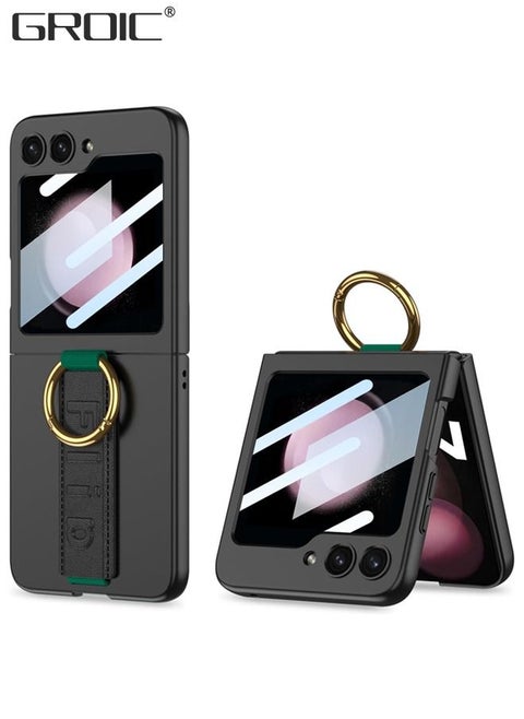 Samsung Galaxy Z Flip 5 Black Case with Wrist Band Ring, Ultra Thin Hard PC Back 9H Glass Camera Lens Protector Shockproof Cover, Finger Loop Phone Case for Samsung Galaxy Z Flip 5 5G