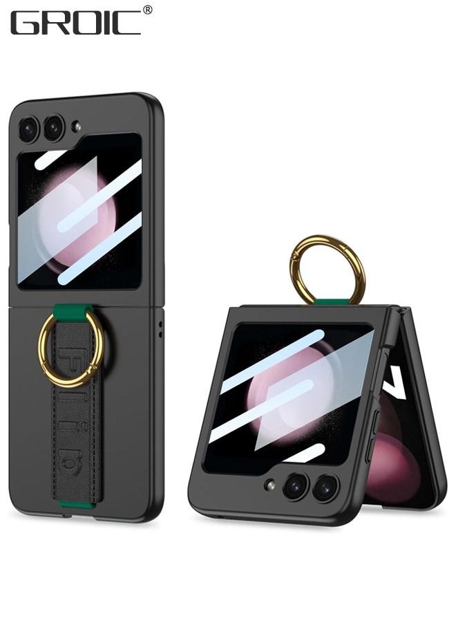 Samsung Galaxy Z Flip 5 Black Case with Wrist Band Ring, Ultra Thin Hard PC Back 9H Glass Camera Lens Protector Shockproof Cover, Finger Loop Phone Case for Samsung Galaxy Z Flip 5 5G
