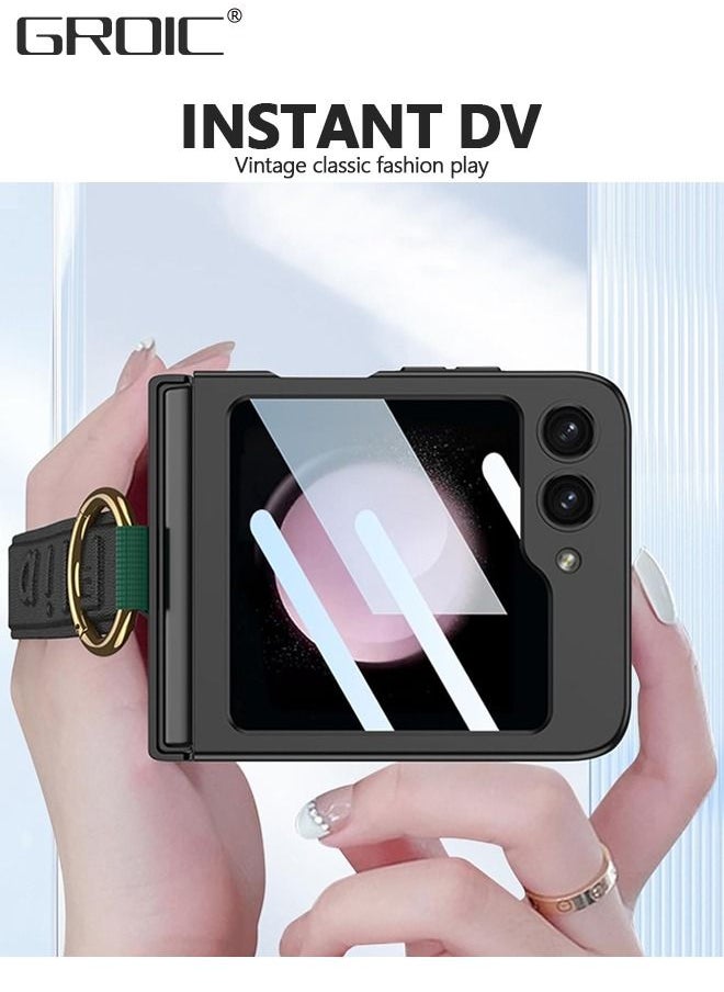 Samsung Galaxy Z Flip 5 Black Case with Wrist Band Ring, Ultra Thin Hard PC Back 9H Glass Camera Lens Protector Shockproof Cover, Finger Loop Phone Case for Samsung Galaxy Z Flip 5 5G
