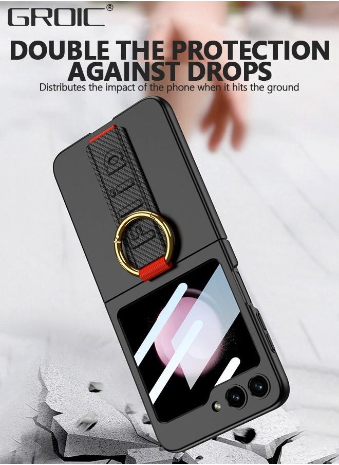 Samsung Galaxy Z Flip 5 Black Case with Wrist Band Ring, Ultra Thin Hard PC Back 9H Glass Camera Lens Protector Shockproof Cover, Finger Loop Phone Case for Samsung Galaxy Z Flip 5 5G