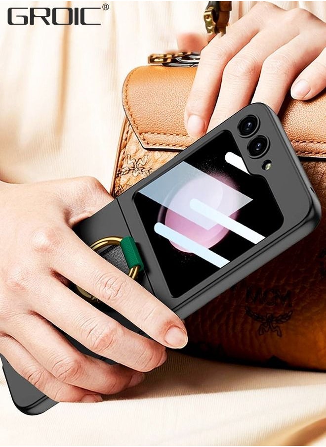 Samsung Galaxy Z Flip 5 Black Case with Wrist Band Ring, Ultra Thin Hard PC Back 9H Glass Camera Lens Protector Shockproof Cover, Finger Loop Phone Case for Samsung Galaxy Z Flip 5 5G