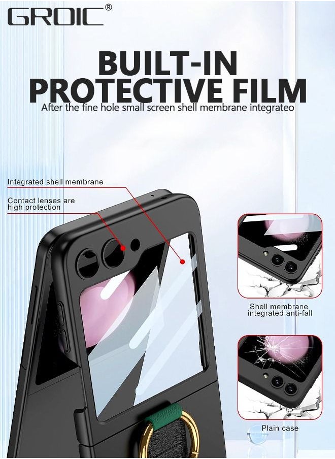 Samsung Galaxy Z Flip 5 Black Case with Wrist Band Ring, Ultra Thin Hard PC Back 9H Glass Camera Lens Protector Shockproof Cover, Finger Loop Phone Case for Samsung Galaxy Z Flip 5 5G
