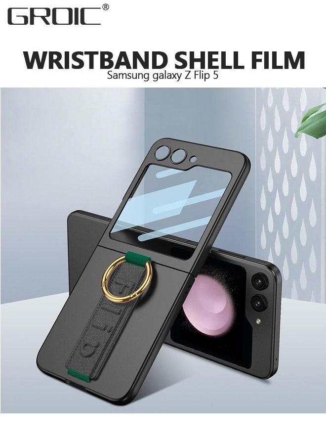 Samsung Galaxy Z Flip 5 Black Case with Wrist Band Ring, Ultra Thin Hard PC Back 9H Glass Camera Lens Protector Shockproof Cover, Finger Loop Phone Case for Samsung Galaxy Z Flip 5 5G