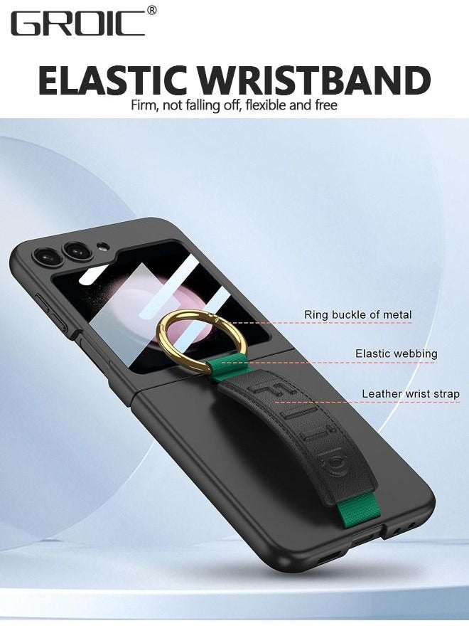 Samsung Galaxy Z Flip 5 Black Case with Wrist Band Ring, Ultra Thin Hard PC Back 9H Glass Camera Lens Protector Shockproof Cover, Finger Loop Phone Case for Samsung Galaxy Z Flip 5 5G