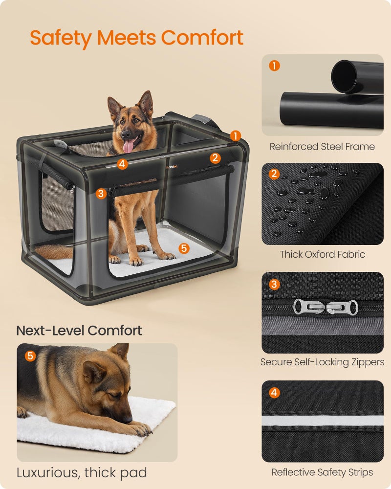 Feandrea Collapsible Dog Crate, 42-Inch Portable Dog Travel Crate for Large Dogs, Oxford Fabric Pet Carrier with 4 Mesh Doors, Handles, Storage Pocket, Water Bottle Holder, Ink Black UPDC021B01 - Image 5