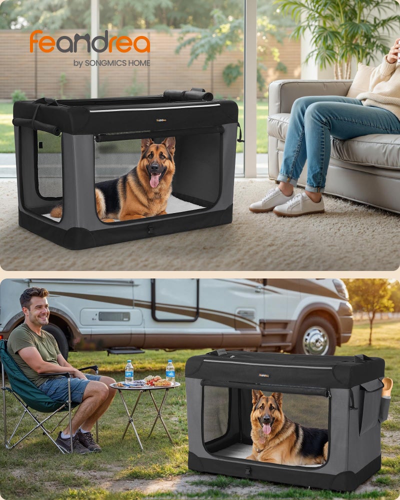 Feandrea Collapsible Dog Crate, 42-Inch Portable Dog Travel Crate for Large Dogs, Oxford Fabric Pet Carrier with 4 Mesh Doors, Handles, Storage Pocket, Water Bottle Holder, Ink Black UPDC021B01 - Image 2