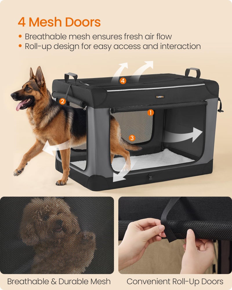 Feandrea Collapsible Dog Crate, 42-Inch Portable Dog Travel Crate for Large Dogs, Oxford Fabric Pet Carrier with 4 Mesh Doors, Handles, Storage Pocket, Water Bottle Holder, Ink Black UPDC021B01 - Image 4