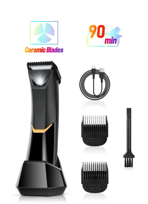 Body Hair Trimmer for Men, Body Groomer Electric Razor with LED, Wet and Dry Electric Trimmer Rechargeable Hair Clipper for Intimate Area with Dock and 2 Limit Comb (Black)