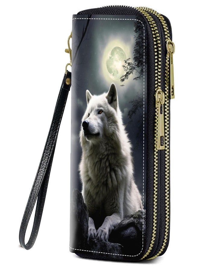 FQTBCEARI White Wolf Print Women Large Capacity Wallet PU Leather Double Zipper Clutch Purse for Smart Phone/Card/Coin/Cash - Image 1