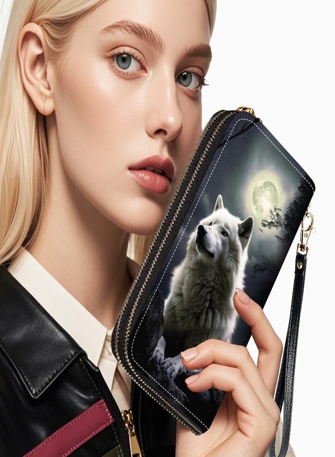 FQTBCEARI White Wolf Print Women Large Capacity Wallet PU Leather Double Zipper Clutch Purse for Smart Phone/Card/Coin/Cash - Image 2