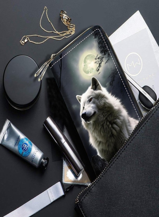 FQTBCEARI White Wolf Print Women Large Capacity Wallet PU Leather Double Zipper Clutch Purse for Smart Phone/Card/Coin/Cash - Image 3