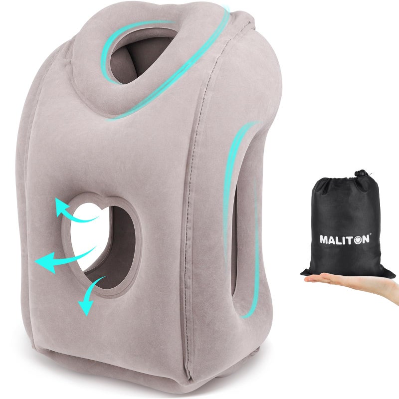 Maliton Inflatable Travel Pillow for Airplane Comfortable Sleeping to Relieve Neck and Shoulder Pain, Support Head Inflatable Pillow for Long Flights, Used for Airplanes, Cars, Trains, Office(Grey) - Image 1
