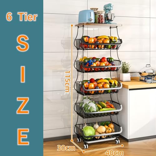 Baotkere Metal Wire Baskets with Wheels, Kitchen Organizer, 6 Tier Stackable Storage Containers, Fruit and Vegetable Trolley, Dish Rack for Bathroom, Garage and Pantry - Image 2