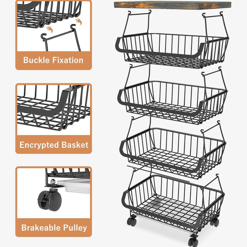 Baotkere Metal Wire Baskets with Wheels, Kitchen Organizer, 6 Tier Stackable Storage Containers, Fruit and Vegetable Trolley, Dish Rack for Bathroom, Garage and Pantry - Image 3