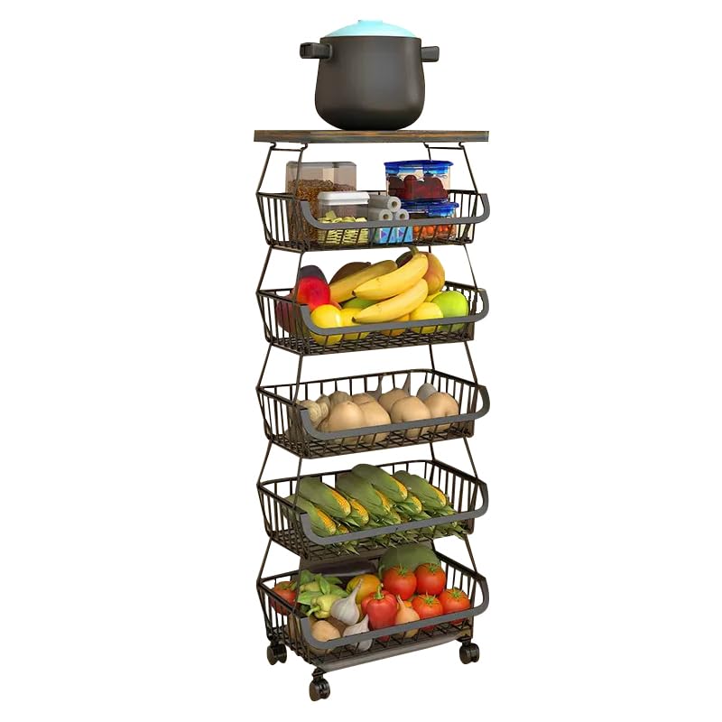 Baotkere Metal Wire Baskets with Wheels, Kitchen Organizer, 6 Tier Stackable Storage Containers, Fruit and Vegetable Trolley, Dish Rack for Bathroom, Garage and Pantry - Image 1